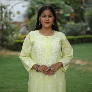 Light Lime Green Chikankari Hand Embroidered Cotton Long Kurta