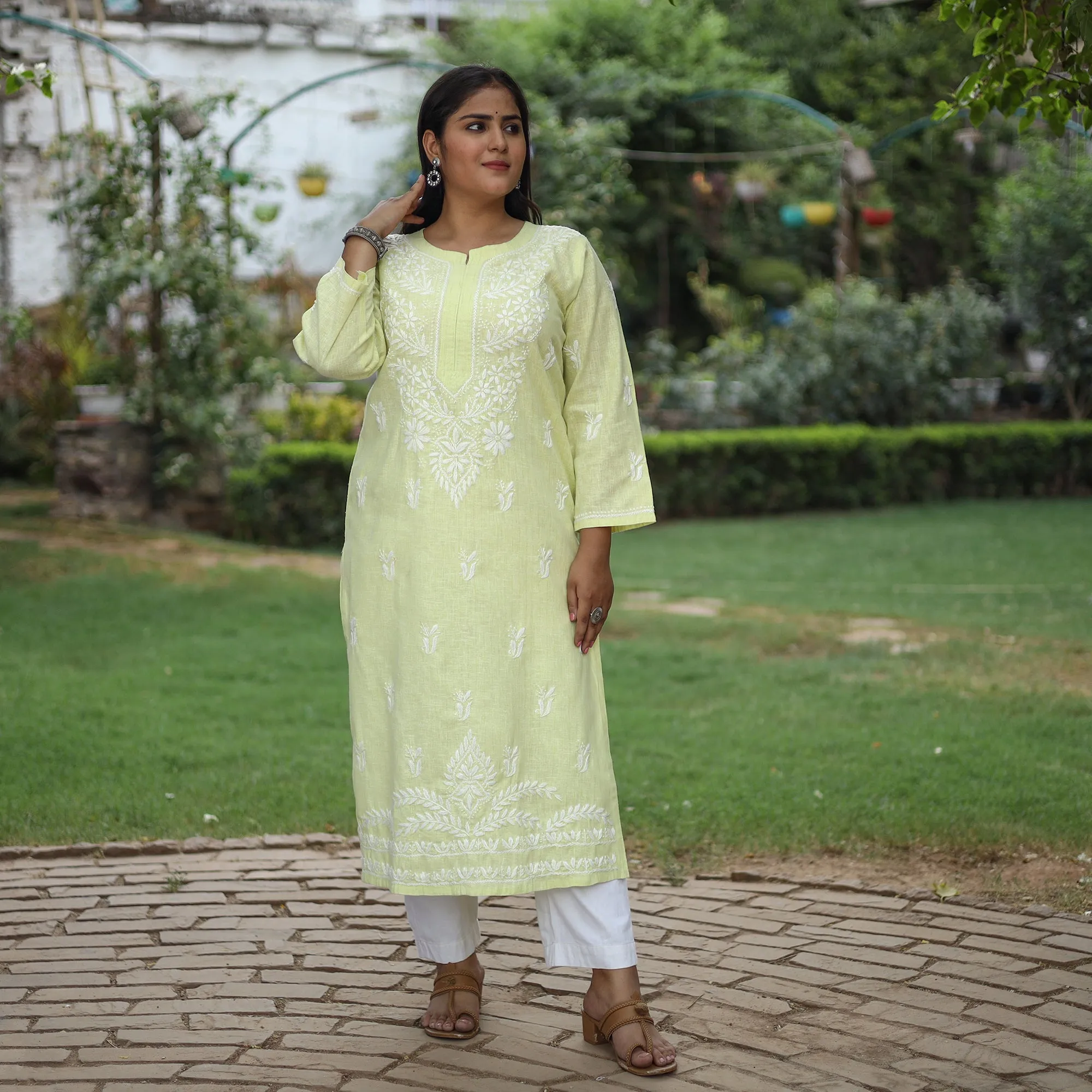 Light Lime Green Chikankari Hand Embroidered Cotton Long Kurta