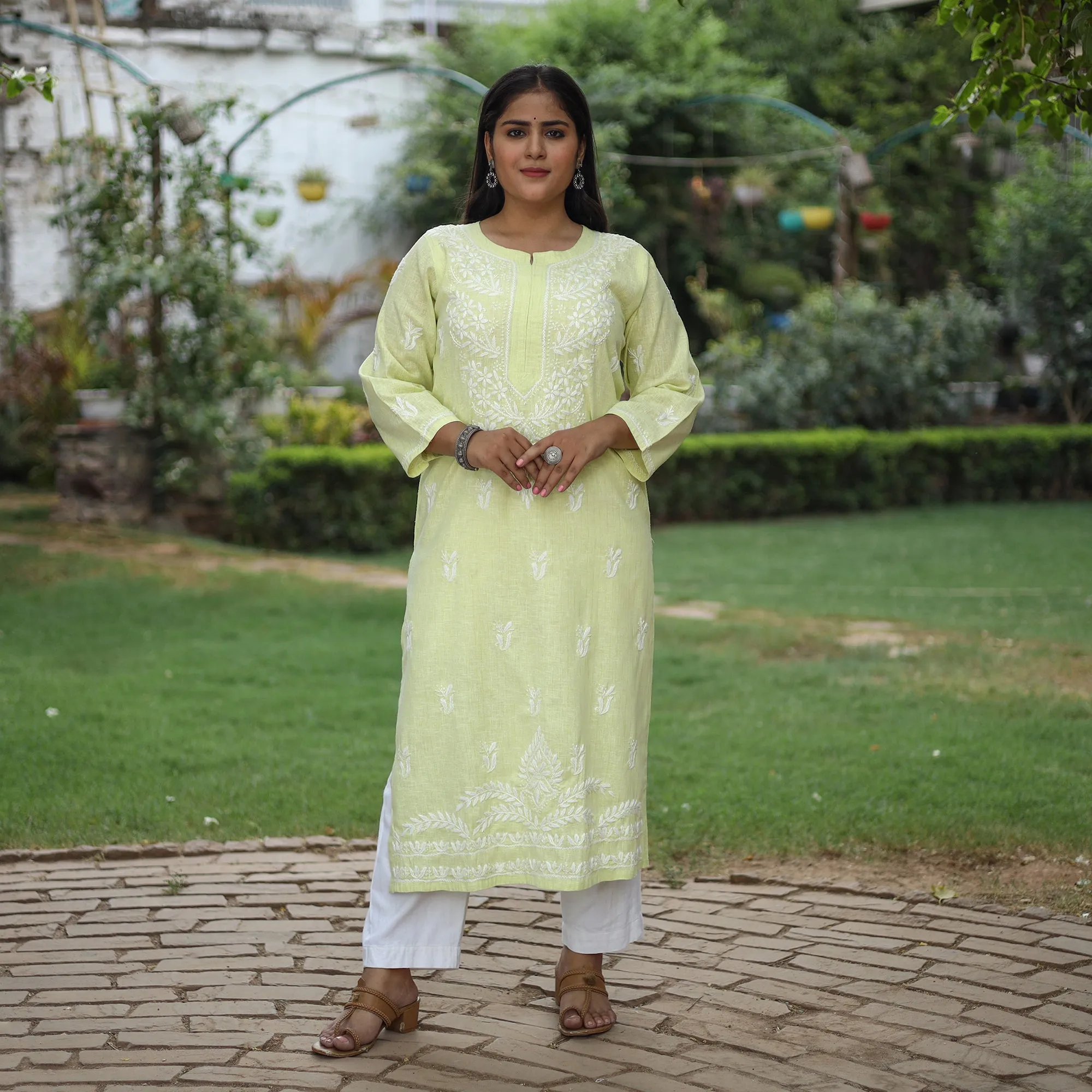 Light Lime Green Chikankari Hand Embroidered Cotton Long Kurta