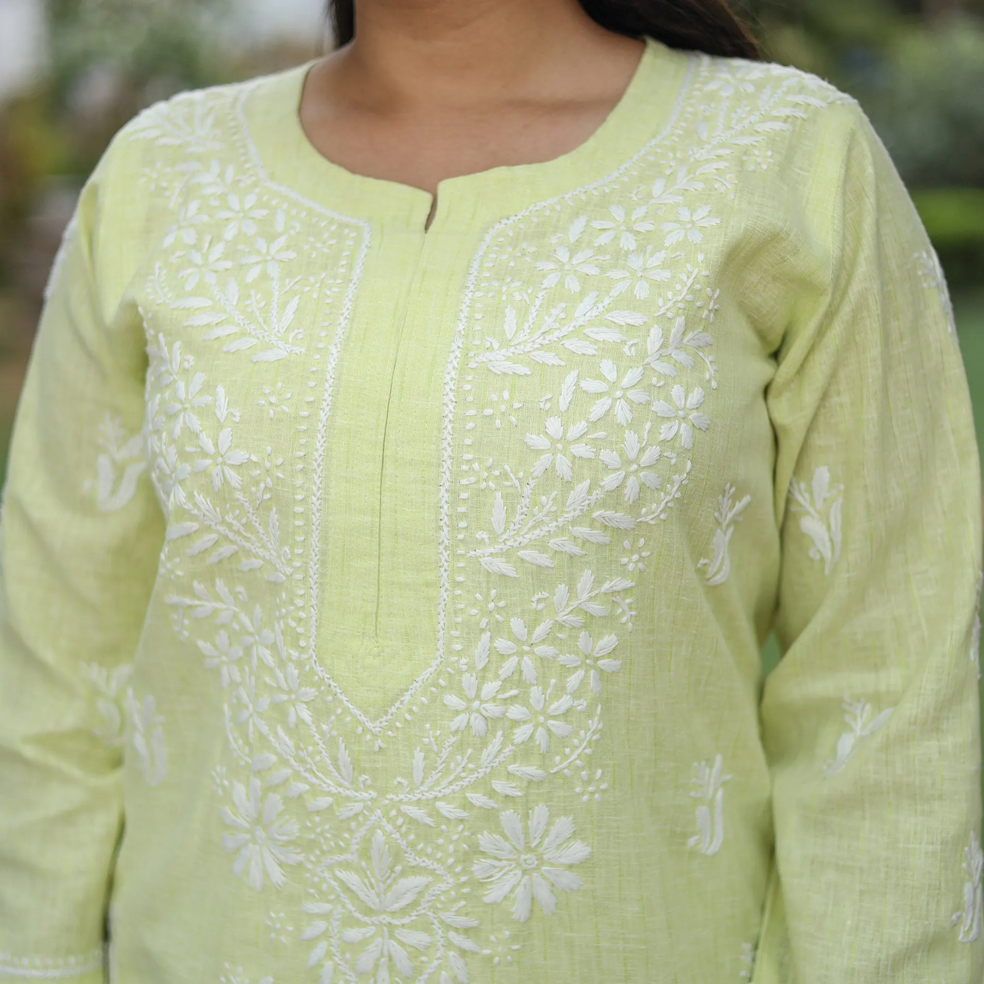 Light Lime Green Chikankari Hand Embroidered Cotton Long Kurta