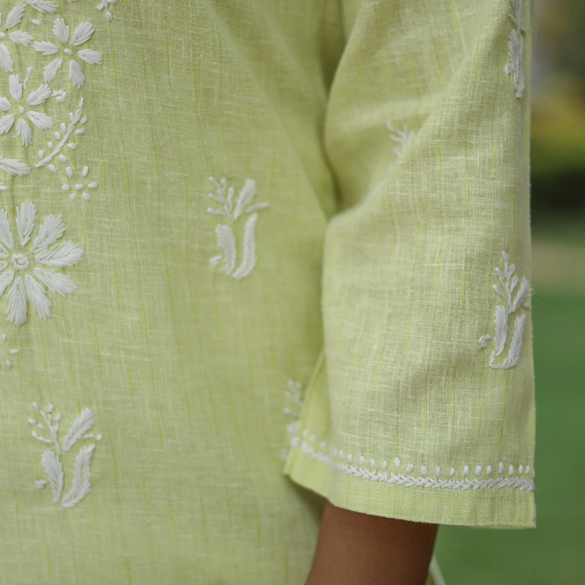 Light Lime Green Chikankari Hand Embroidered Cotton Long Kurta