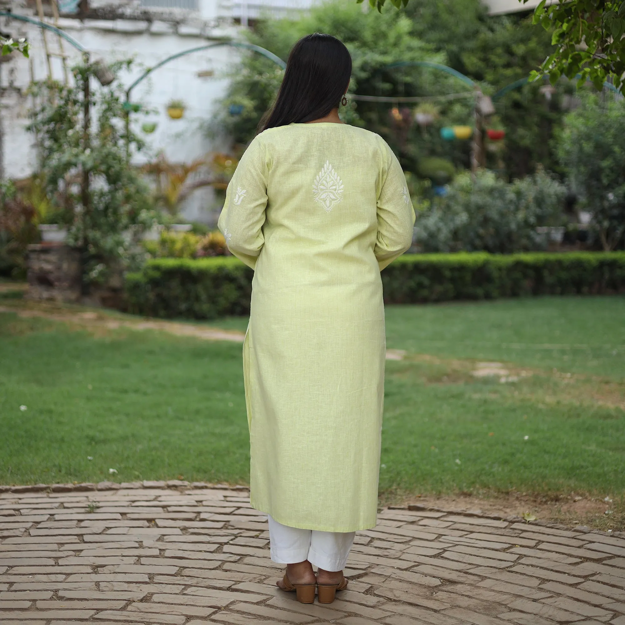 Light Lime Green Chikankari Hand Embroidered Cotton Long Kurta