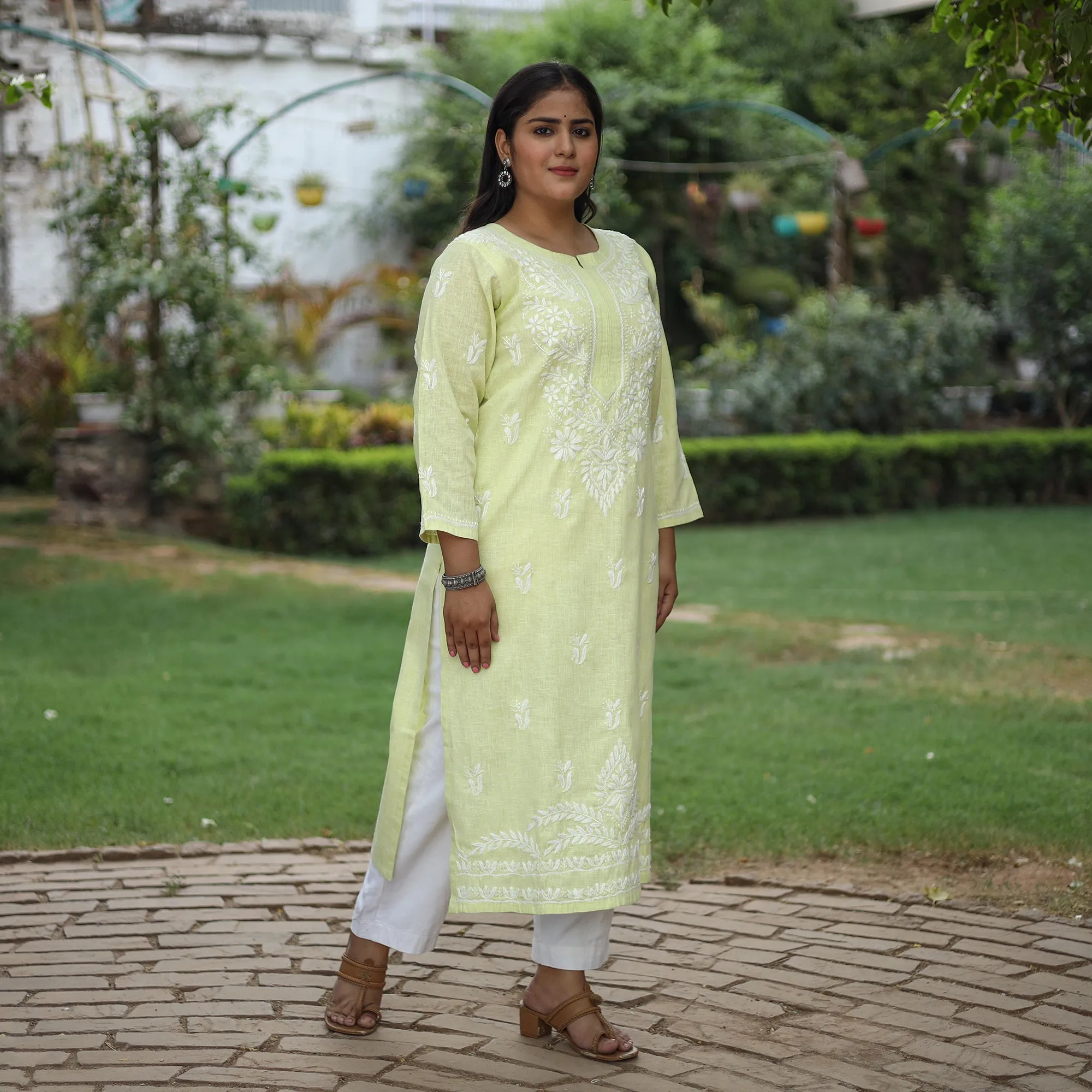 Light Lime Green Chikankari Hand Embroidered Cotton Long Kurta