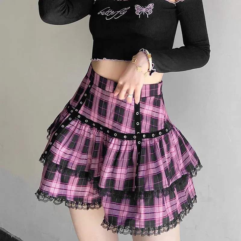 Lolita Plaid Japanese Cake Pleated Purple Gothic Pink Harajuku Skirt