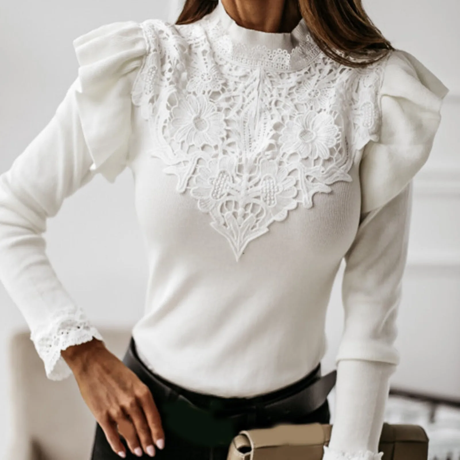 Long Sleeve Ruffle Lace Blouse