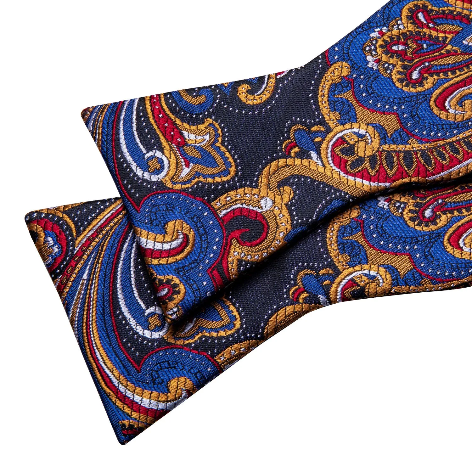 Luxury Golden Blue Paisley Self-tied Bow Tie Pocket Square Cufflinks Set