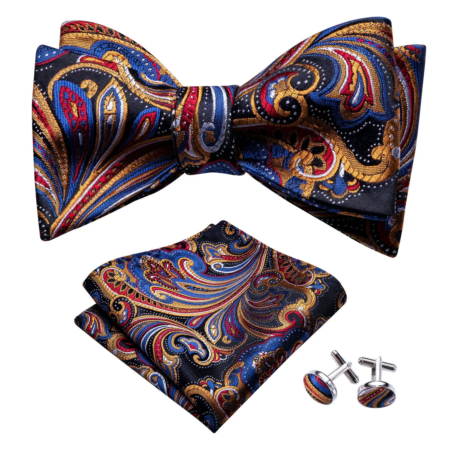 Luxury Golden Blue Paisley Self-tied Bow Tie Pocket Square Cufflinks Set