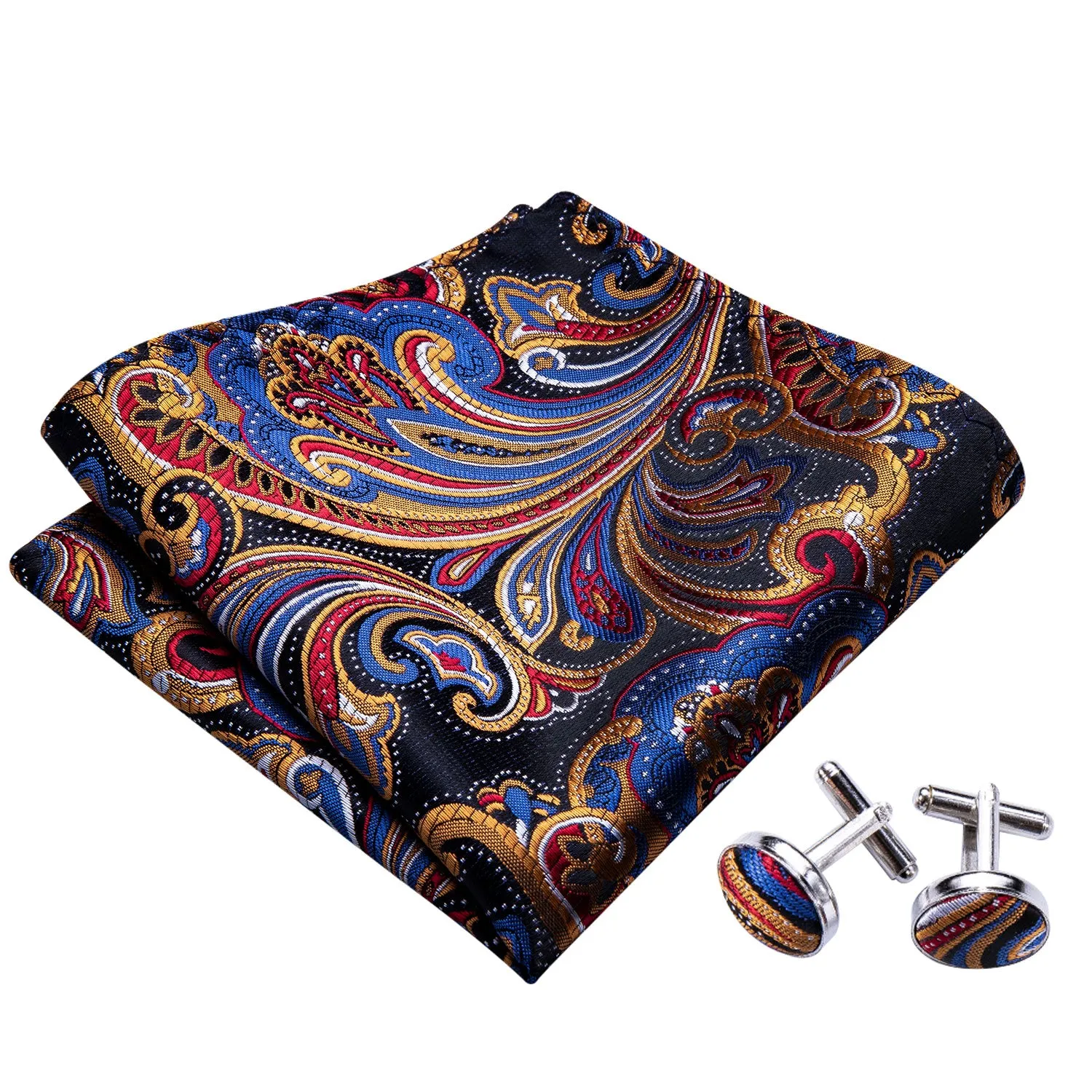 Luxury Golden Blue Paisley Self-tied Bow Tie Pocket Square Cufflinks Set