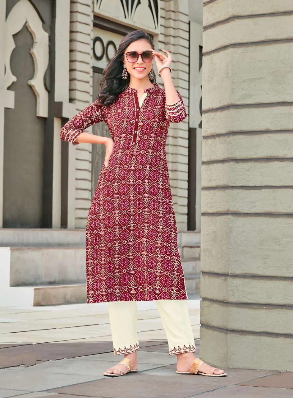 Mandarin Neck Red Printed Slub Rayon Kurti With White Pencil Pant