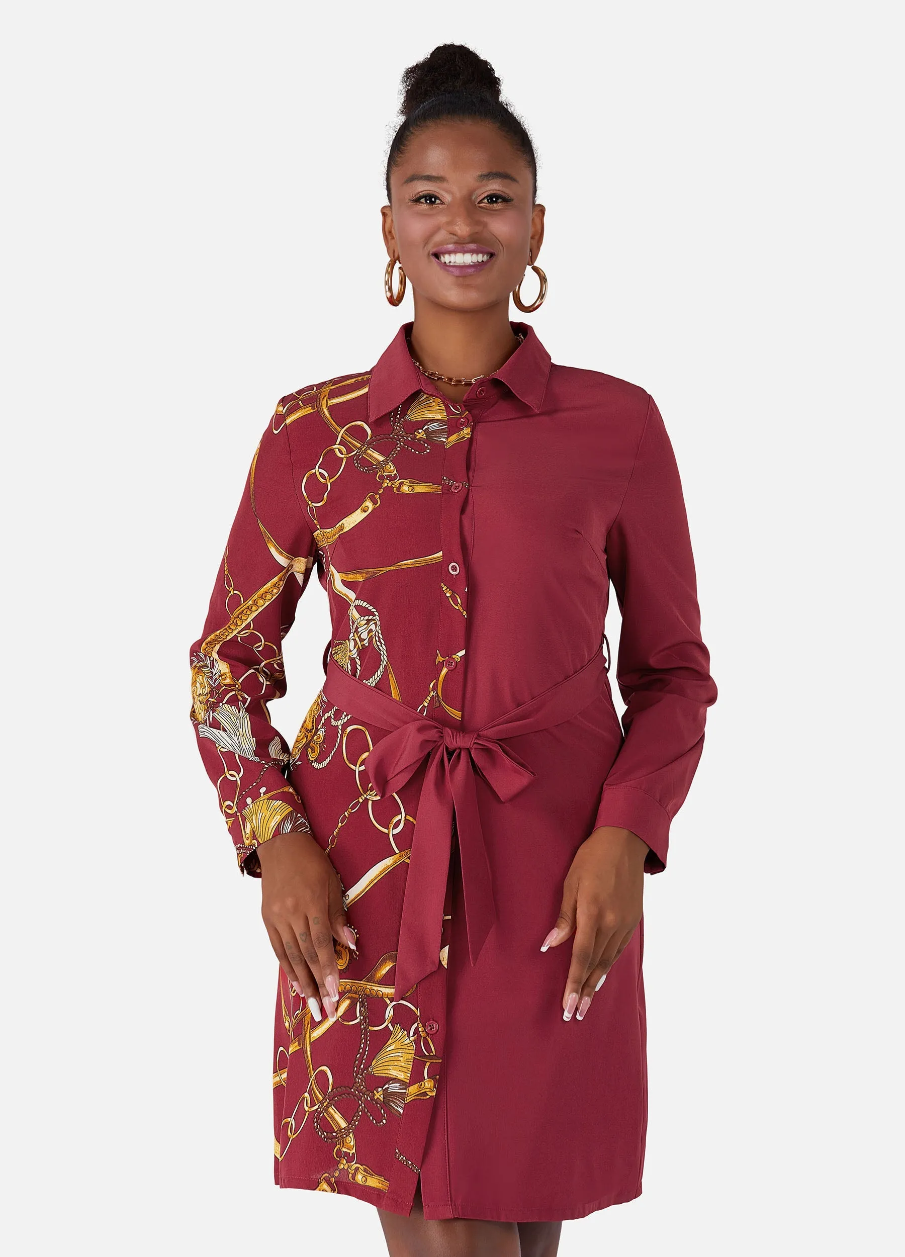 MECALA Women's Long Sleeve Button Down Belted Shirt Dress