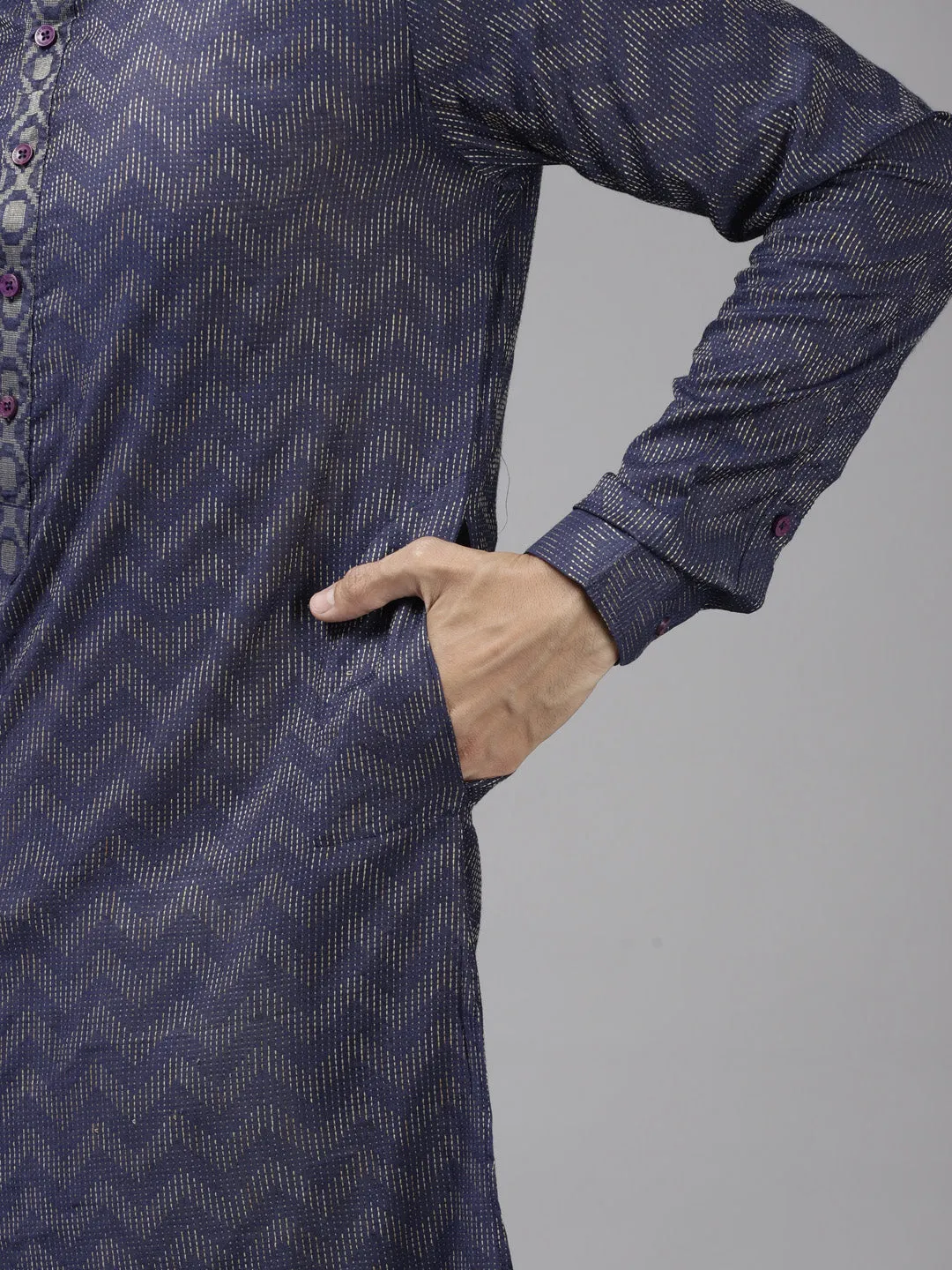 Men Blue & Beige Woven Design Thread Work Kurta