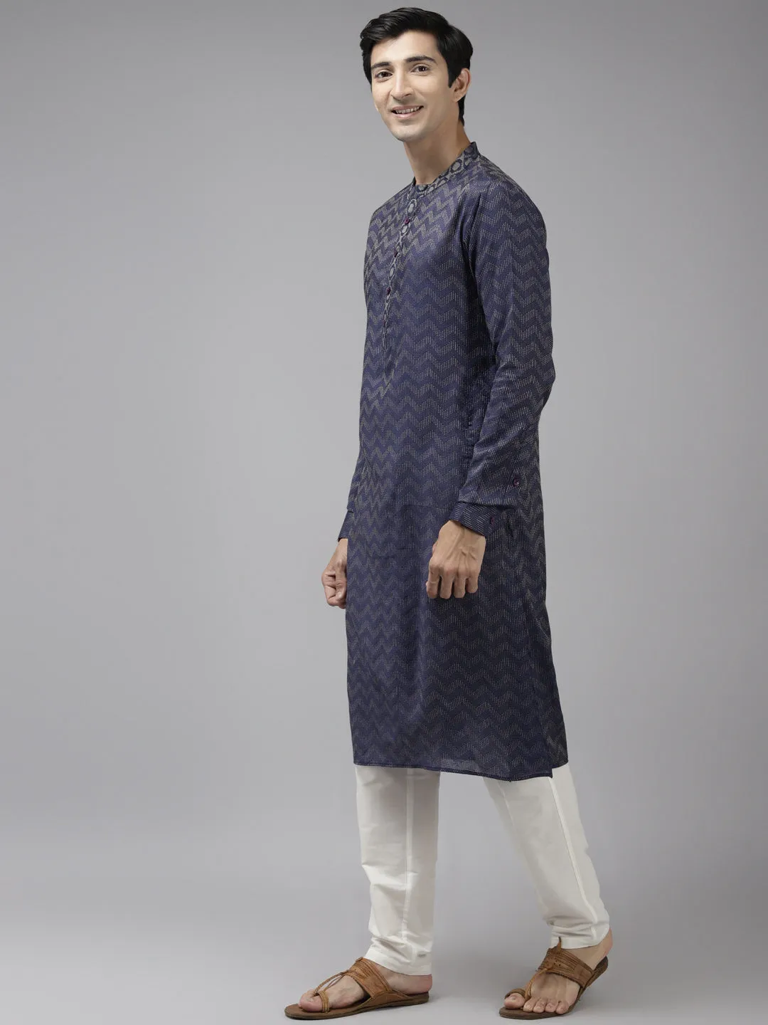 Men Blue & Beige Woven Design Thread Work Kurta