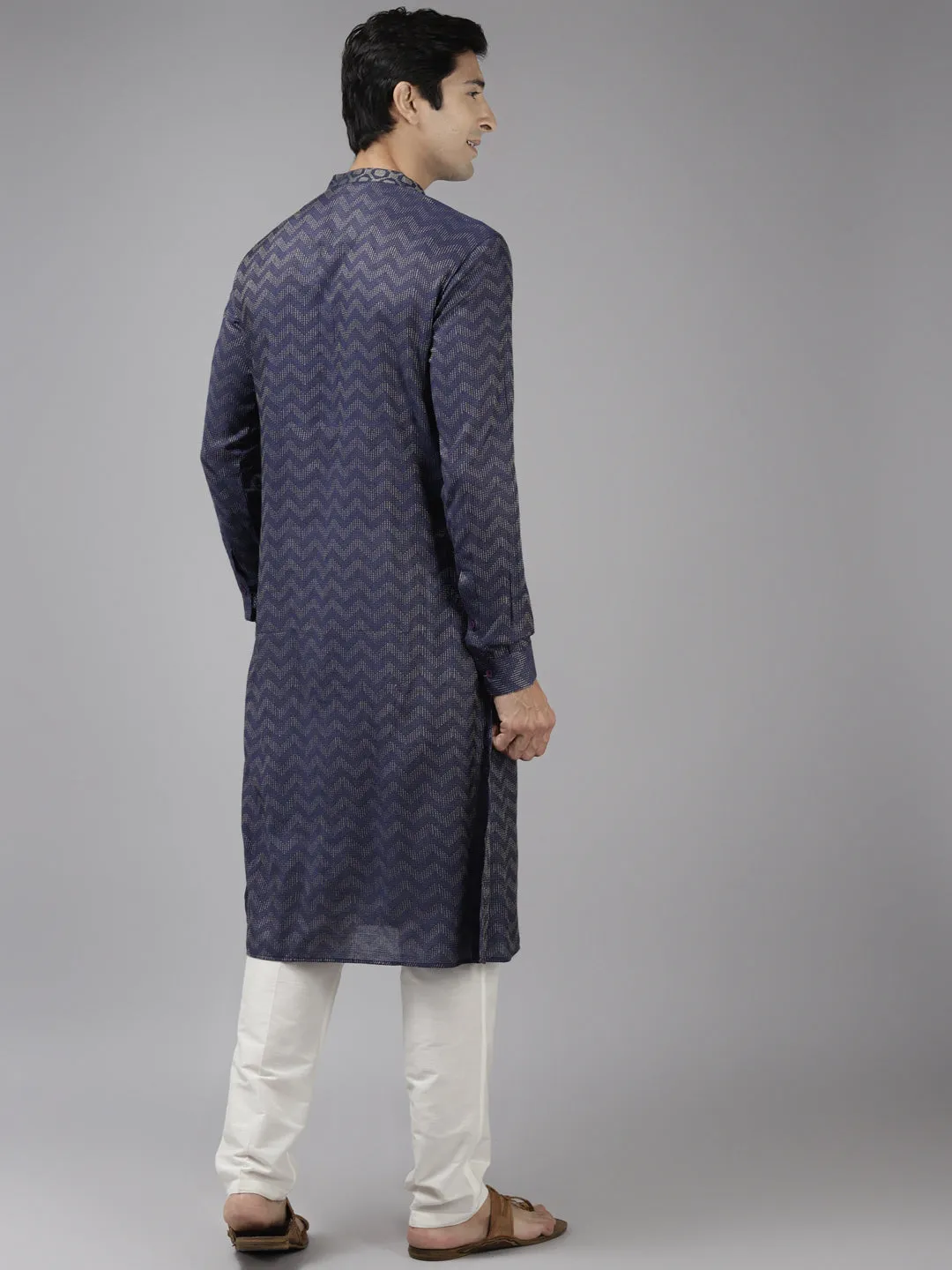 Men Blue & Beige Woven Design Thread Work Kurta