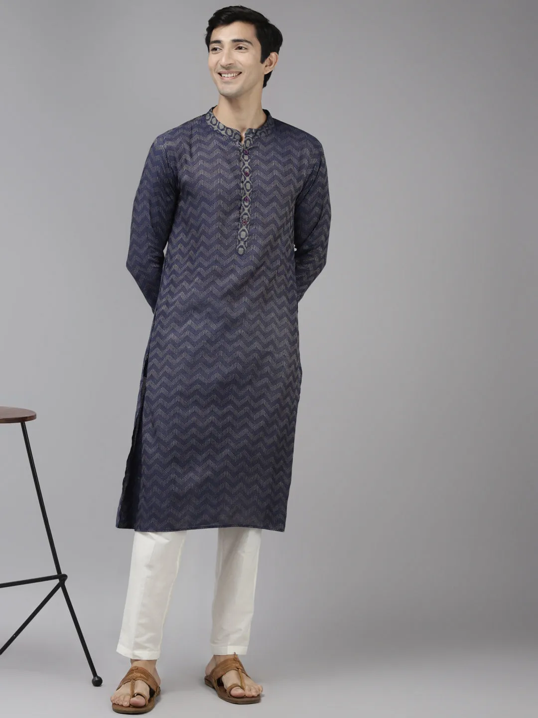 Men Blue & Beige Woven Design Thread Work Kurta