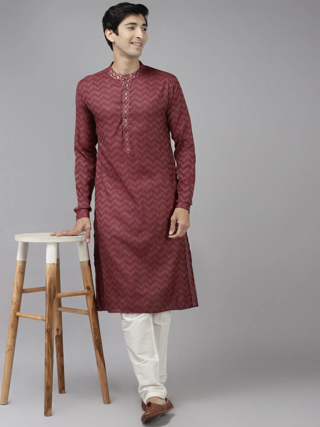 Men Burgundy & Beige Woven Design Thread Work Kurta With Pyjama