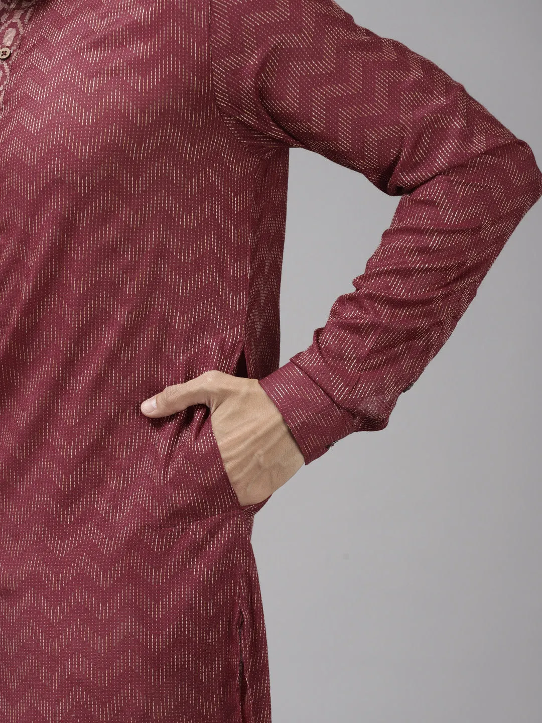 Men Burgundy & Beige Woven Design Thread Work Kurta With Pyjama