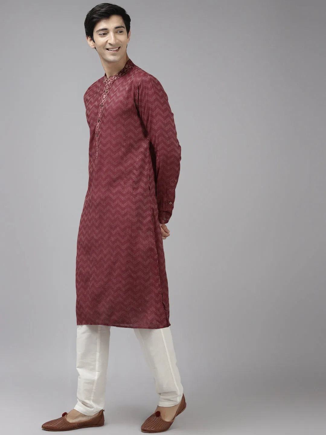 Men Burgundy & Beige Woven Design Thread Work Kurta With Pyjama