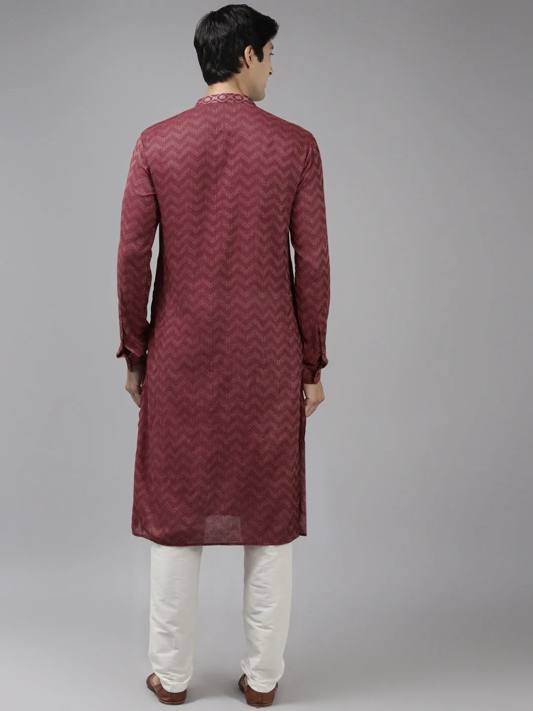 Men Burgundy & Beige Woven Design Thread Work Kurta With Pyjama