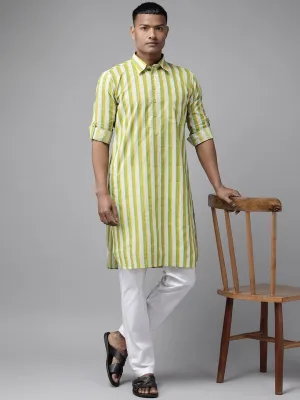 Men Lime Green Regular Pure Cotton Pathani Kurta With White Salwar