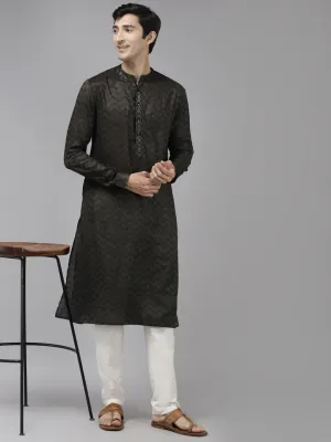 Men Olive & Beige Woven Design Thread Work Kurta