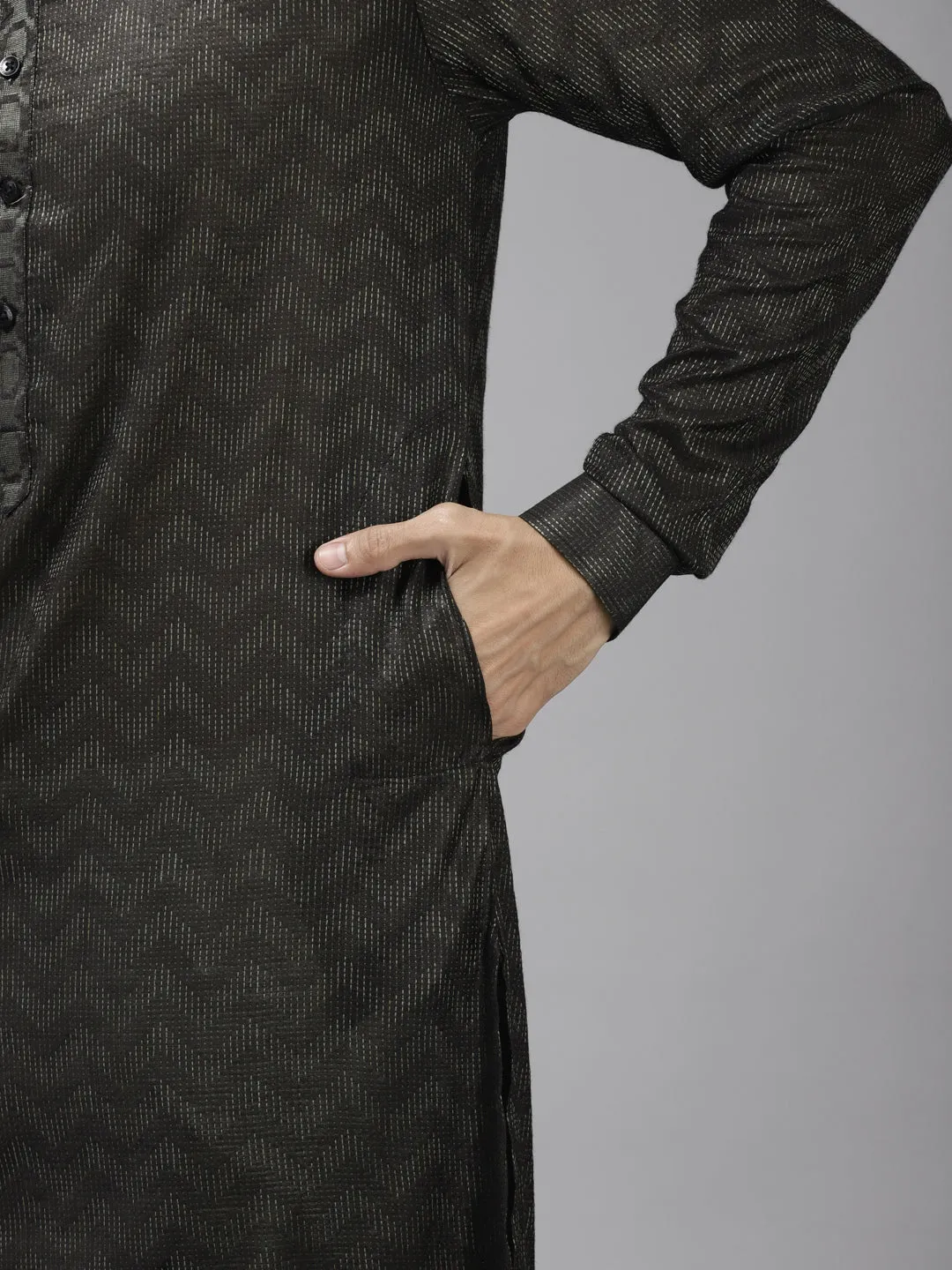 Men Olive & Beige Woven Design Thread Work Kurta