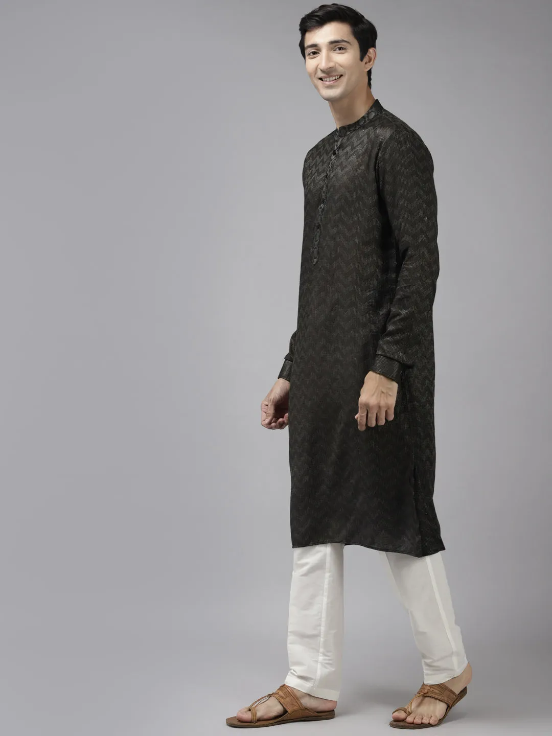 Men Olive & Beige Woven Design Thread Work Kurta