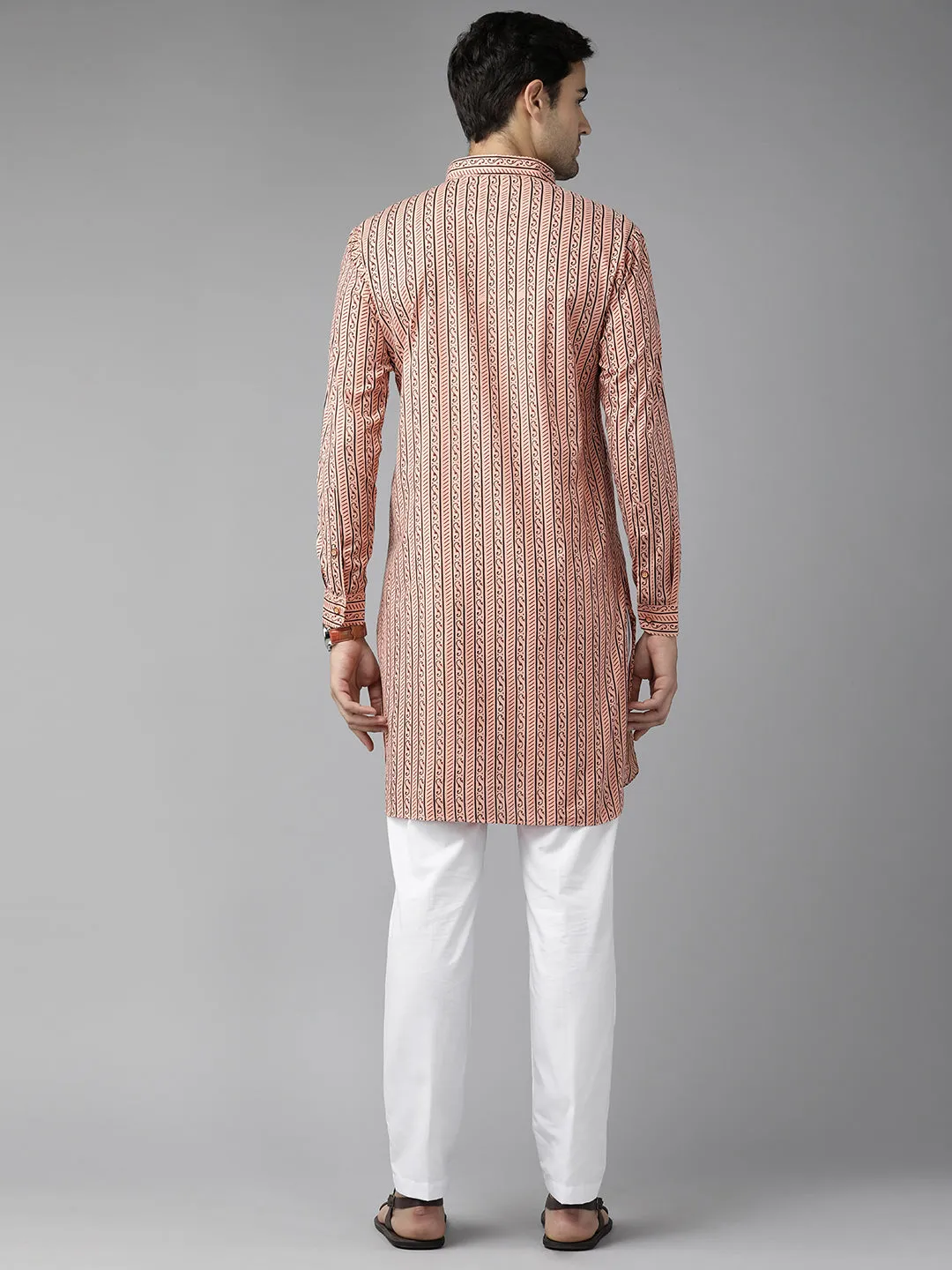 Men Peach Regular Pure Cotton Pathani Kurta With White Salwar