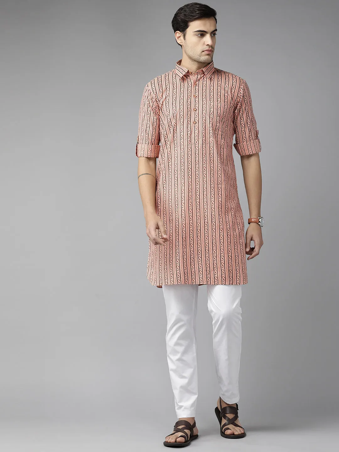 Men Peach Regular Pure Cotton Pathani Kurta With White Salwar