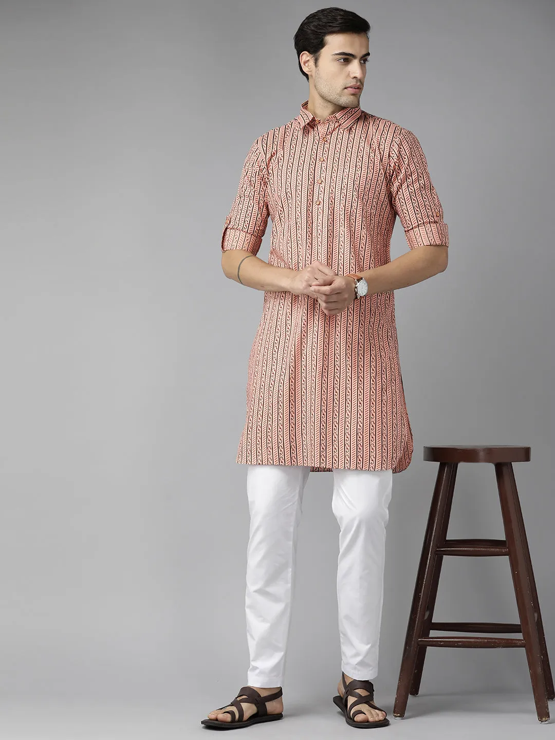 Men Peach Regular Pure Cotton Pathani Kurta With White Salwar