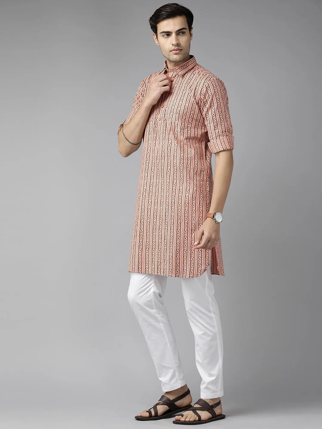 Men Peach Regular Pure Cotton Pathani Kurta With White Salwar