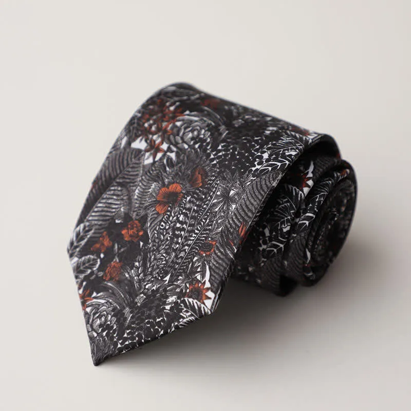 Men's Black Thistles & Dark Red Flowers Suit Necktie