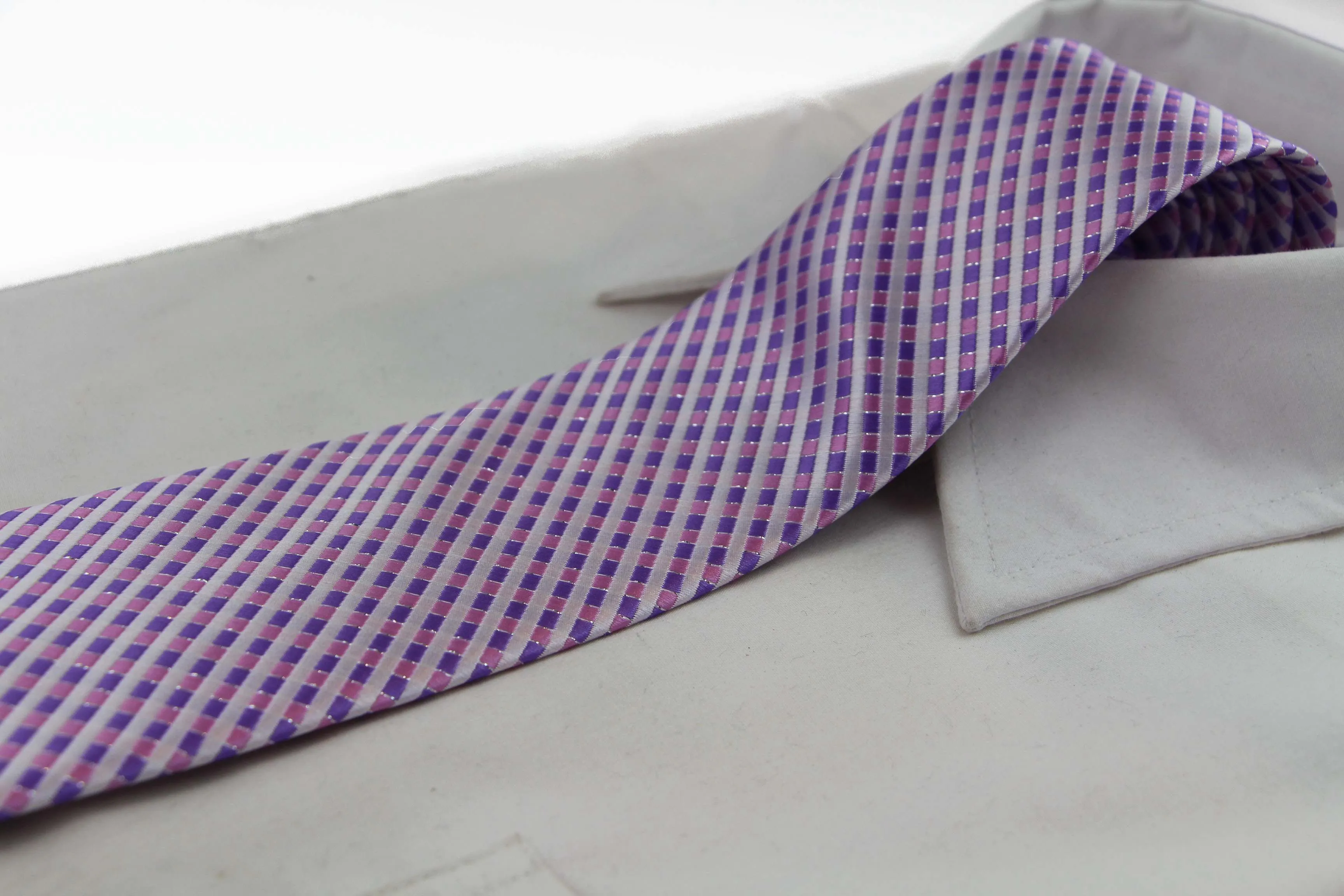 Mens Light Pink & Purple Striped 8cm Patterned Neck Tie