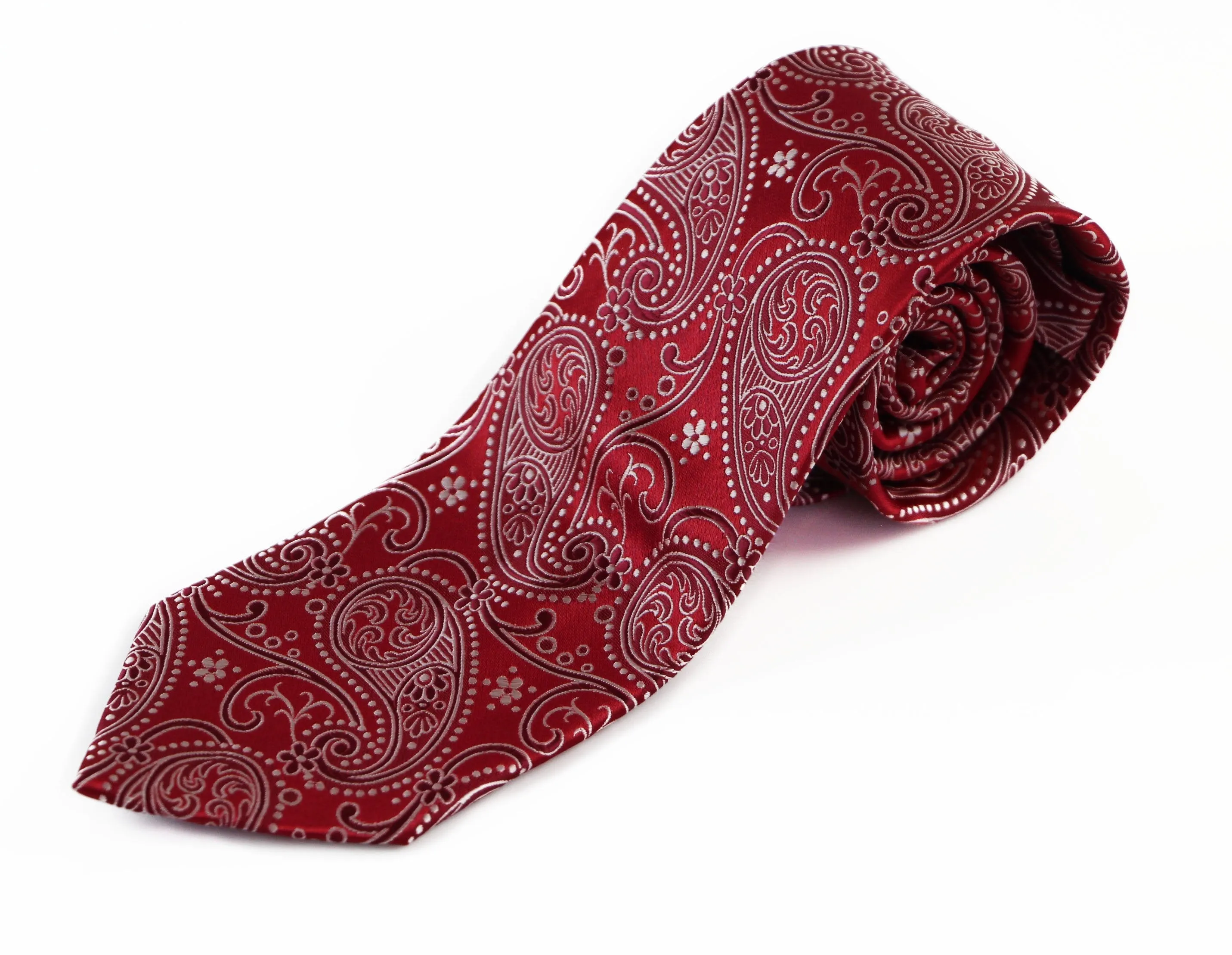 Mens Red & Silver Paisley Patterned 8cm Neck Tie