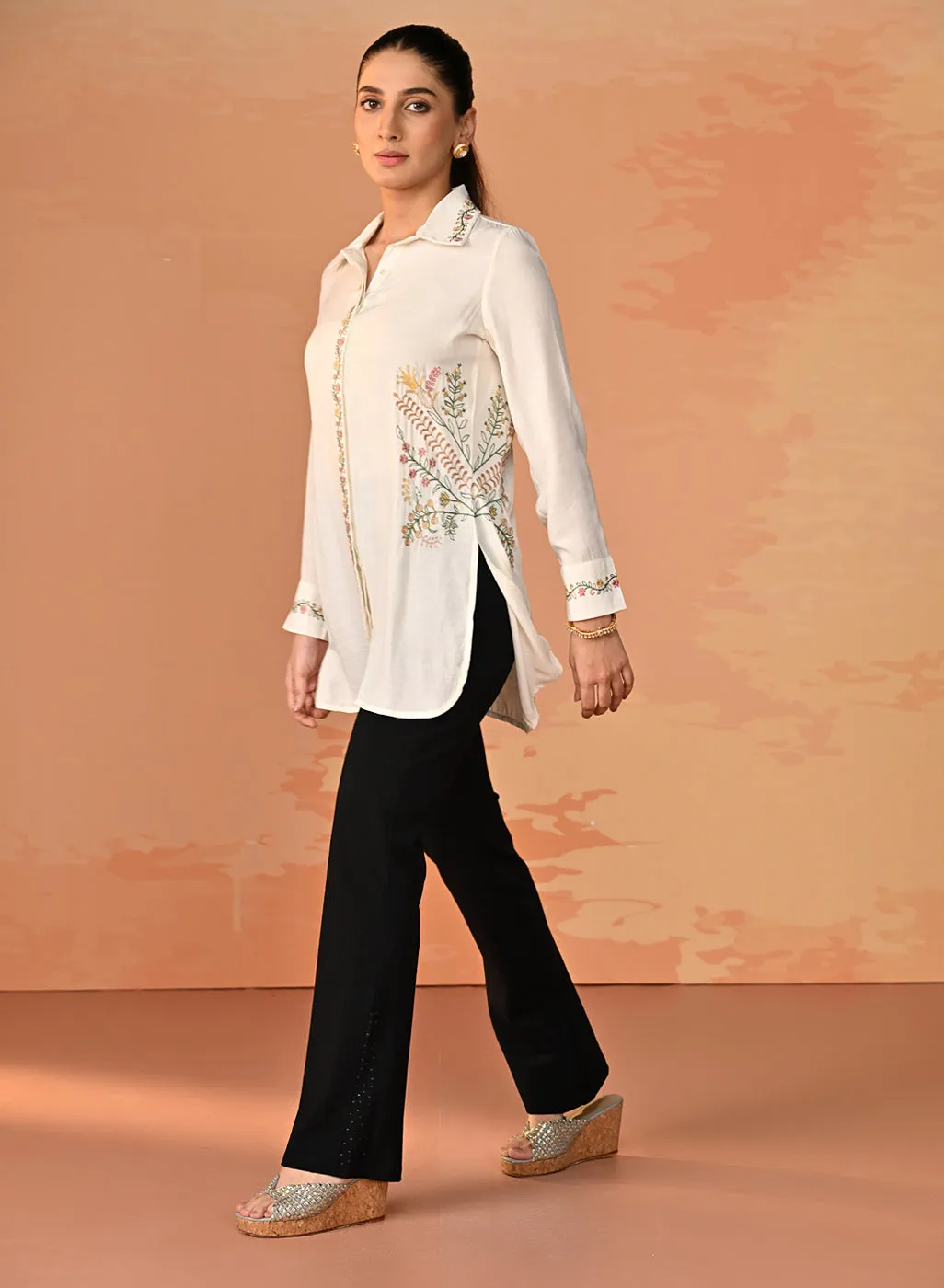 Nausheen Ivory Embroidered Viscose Shirt for Women