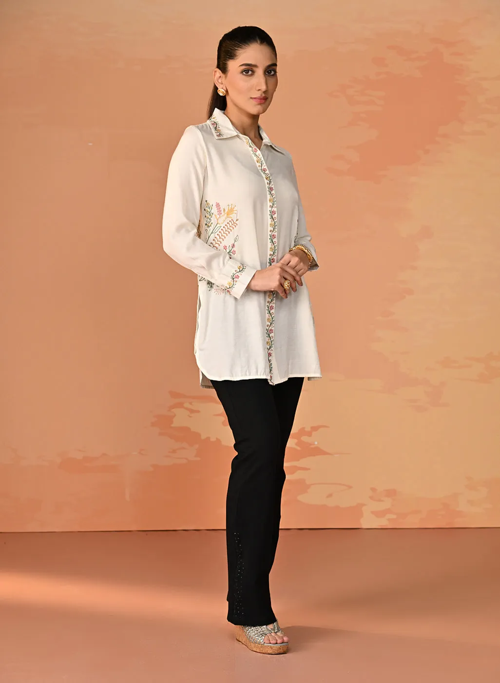 Nausheen Ivory Embroidered Viscose Shirt for Women