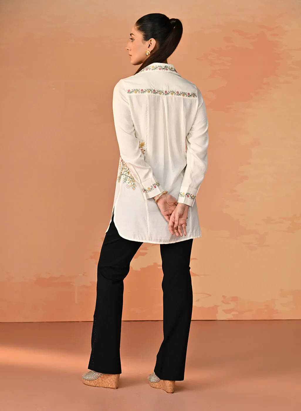 Nausheen Ivory Embroidered Viscose Shirt for Women