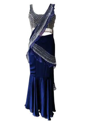 Navy Blue Fish Cut Saree With Crystal Blouse Set