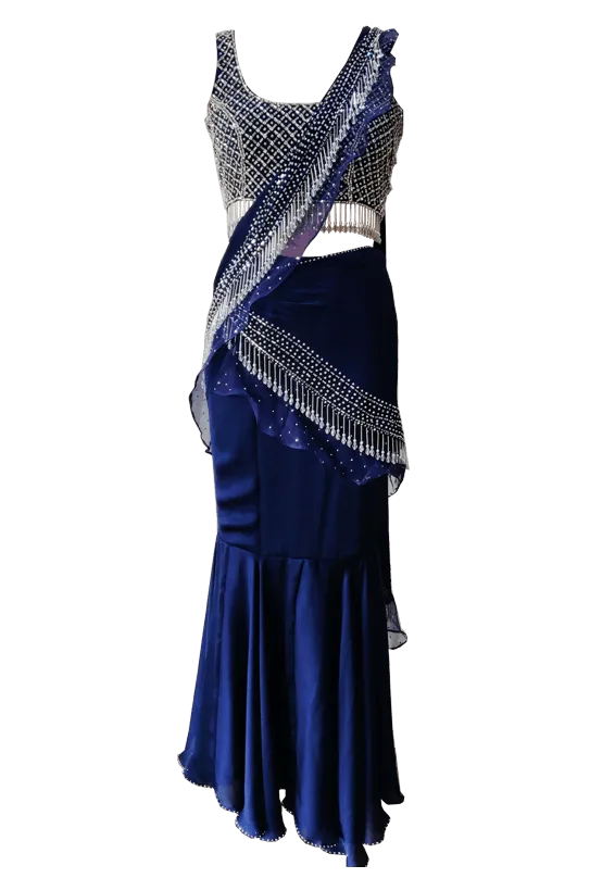 Navy Blue Fish Cut Saree With Crystal Blouse Set