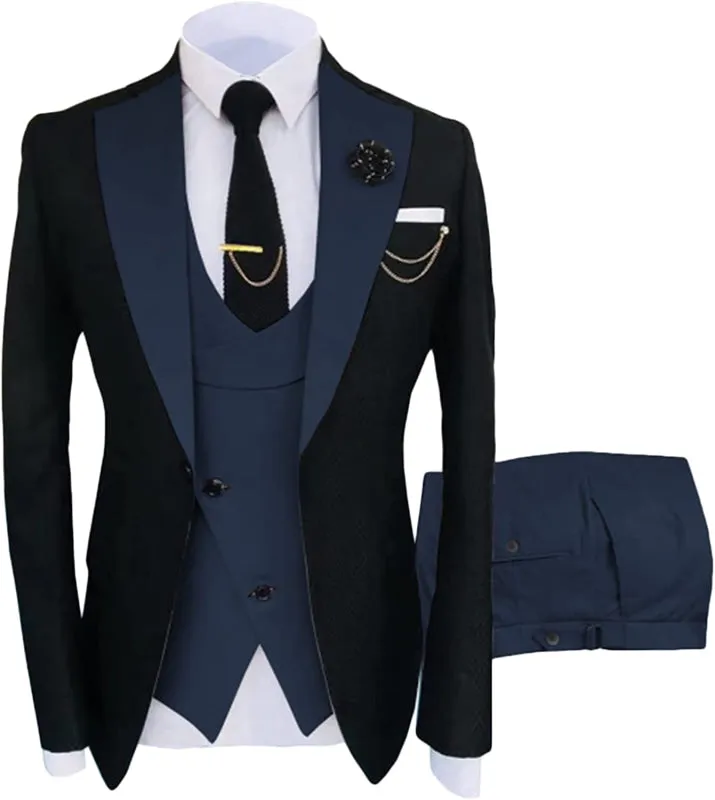 Navy Blue Shawl Lapel Three Pieces Prom Suits Slim Fit Formal Business Suits