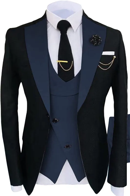 Navy Blue Shawl Lapel Three Pieces Prom Suits Slim Fit Formal Business Suits