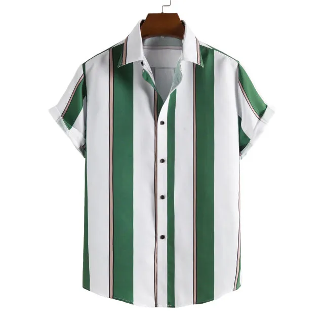 New short-sleeved casual shirt men's printed striped beach top summer men's short-sleeved shirt European size US size XS-XL