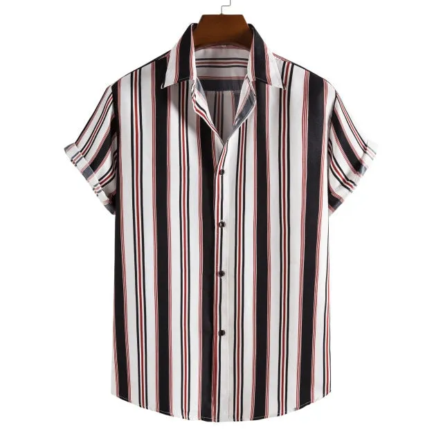 New short-sleeved casual shirt men's printed striped beach top summer men's short-sleeved shirt European size US size XS-XL