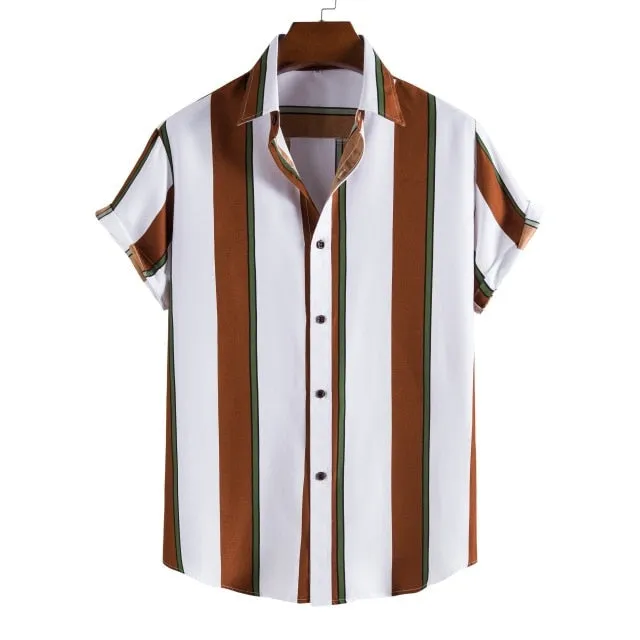 New short-sleeved casual shirt men's printed striped beach top summer men's short-sleeved shirt European size US size XS-XL