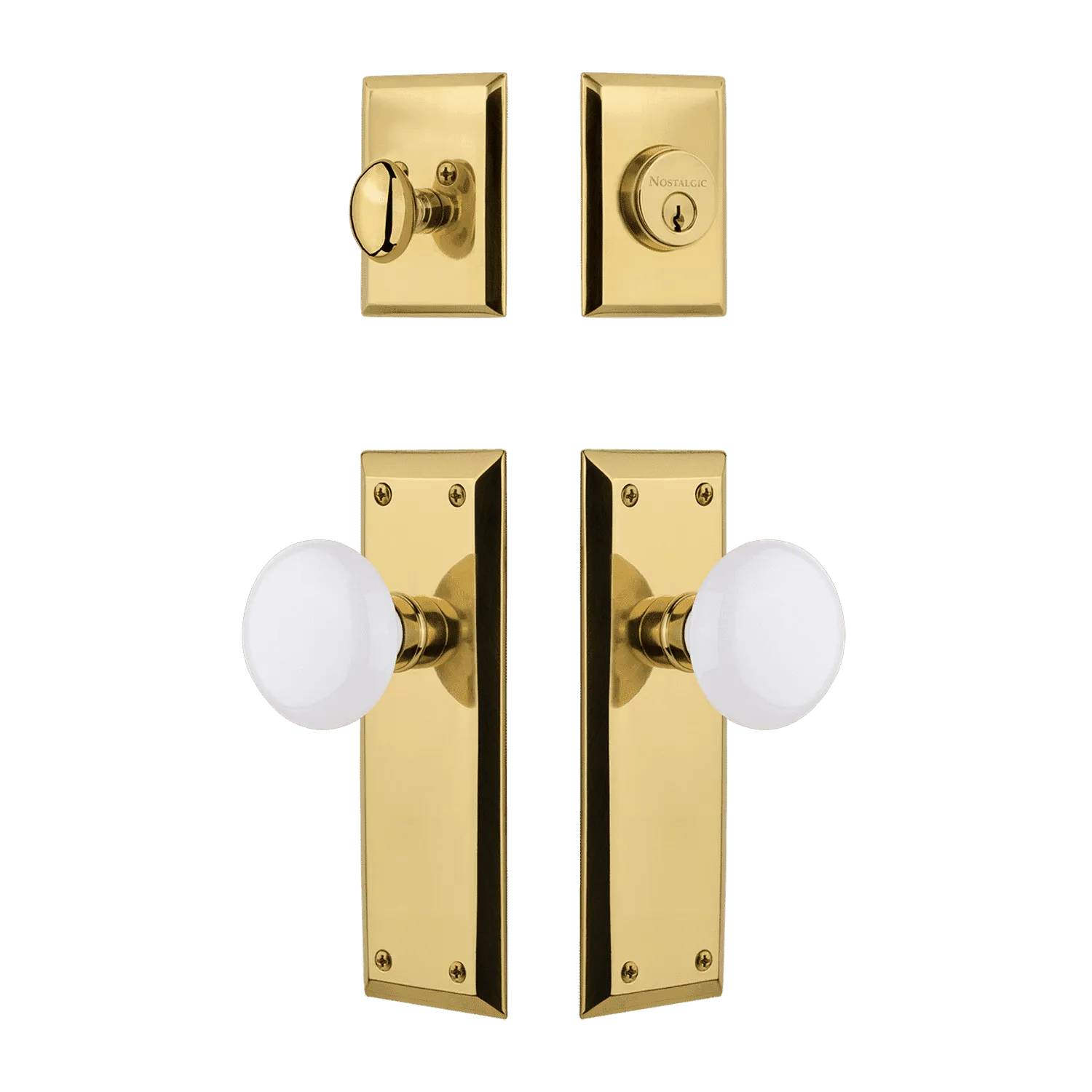 New York Entry Set with White Porcelain Knob in Polished Brass