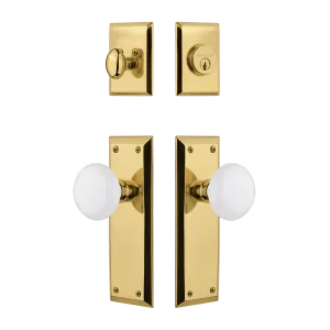 New York Entry Set with White Porcelain Knob in Polished Brass