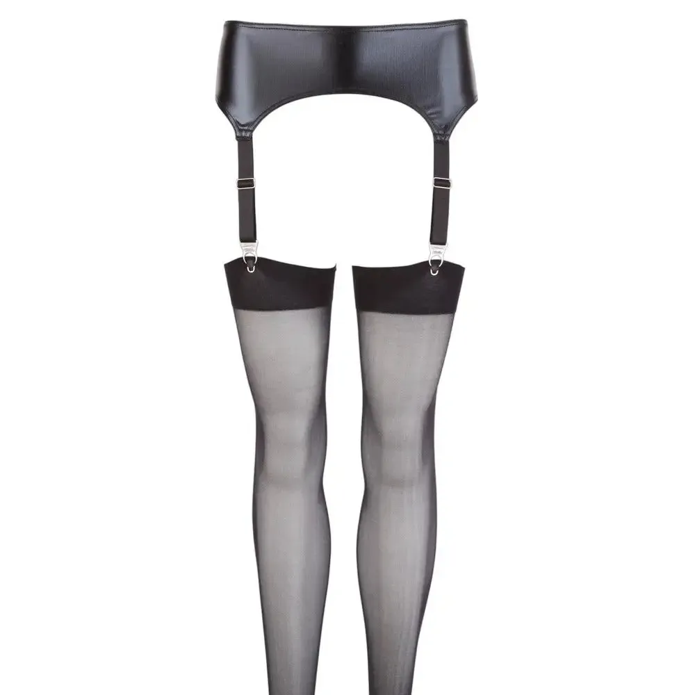 Noxqse Stretchy Wet Look Black Suspender Belt and Stockings