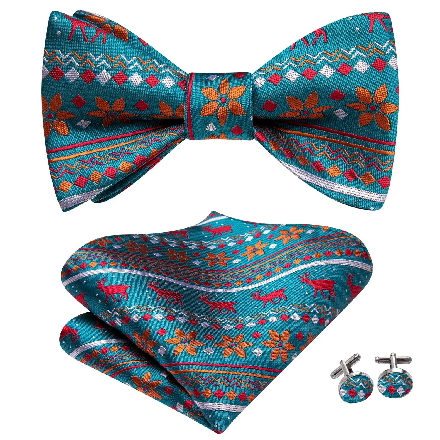 Pale Blue Christmas Red Deer Silk Self-tied Bow Tie Pocket Square Cufflinks Set