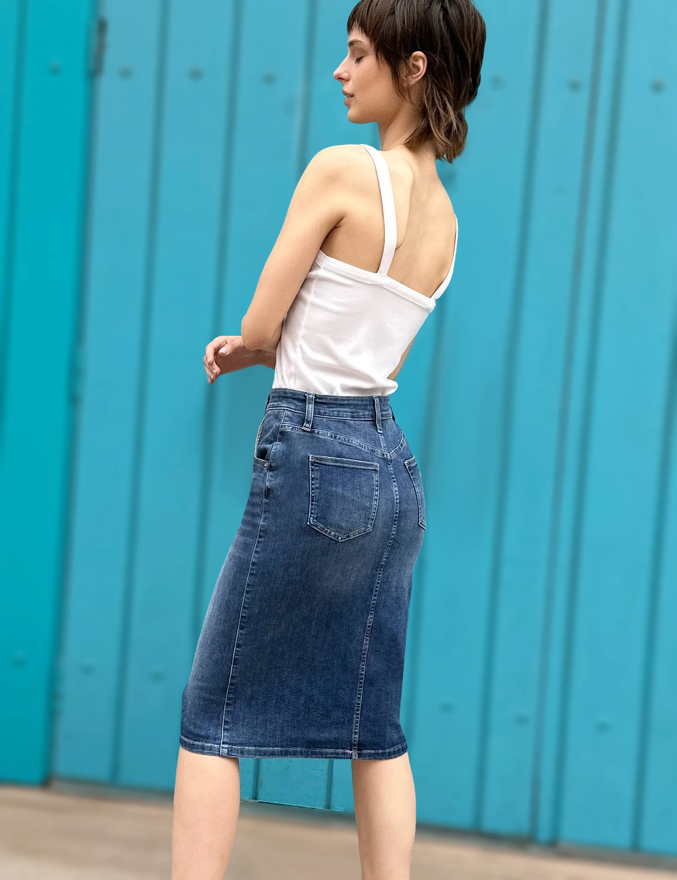 Pieced Denim Knee Skirt