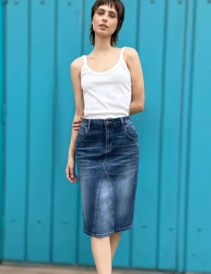 Pieced Denim Knee Skirt