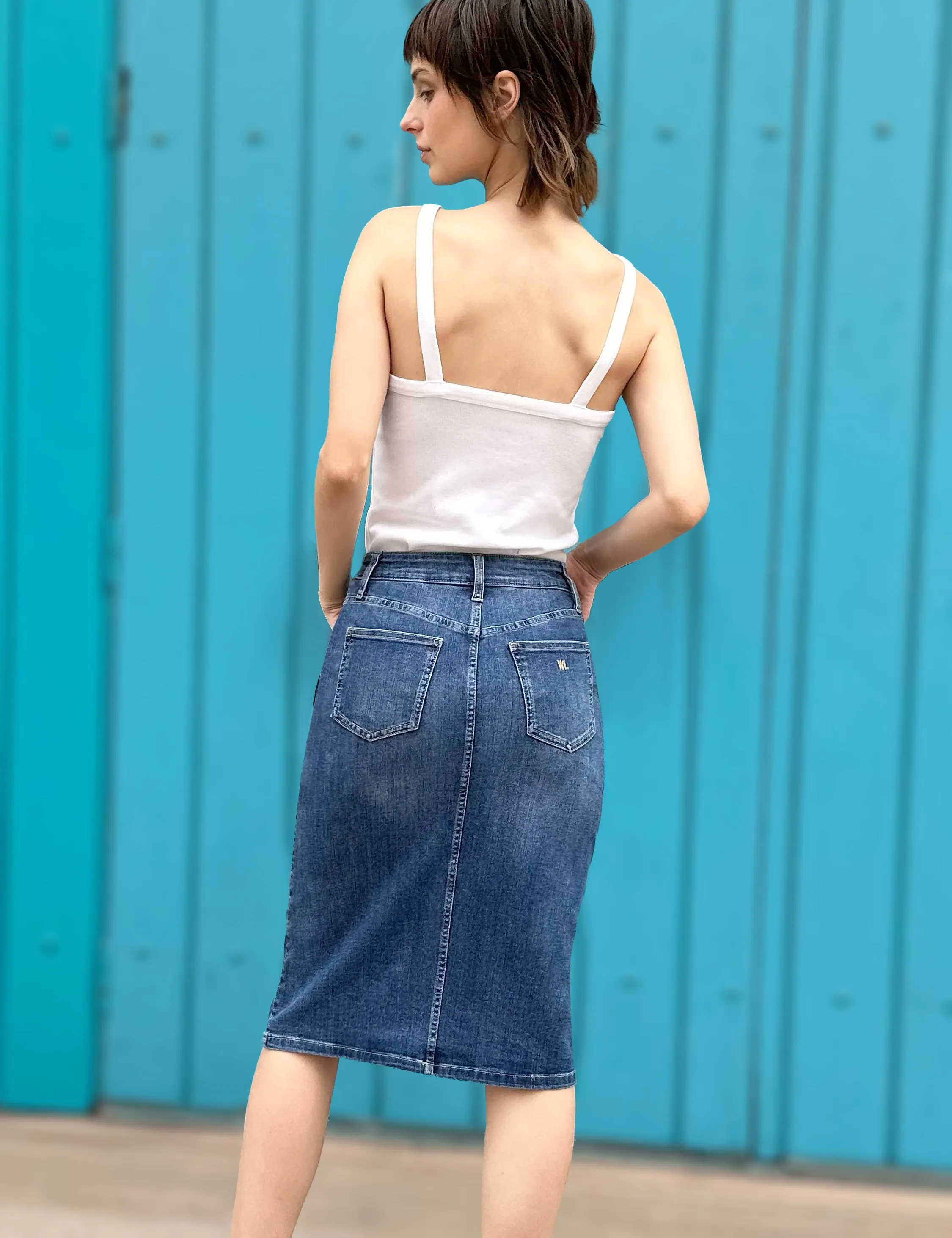 Pieced Denim Knee Skirt